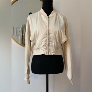 Zara Cream Beige Cropped Satin Bomber Jacket - Small